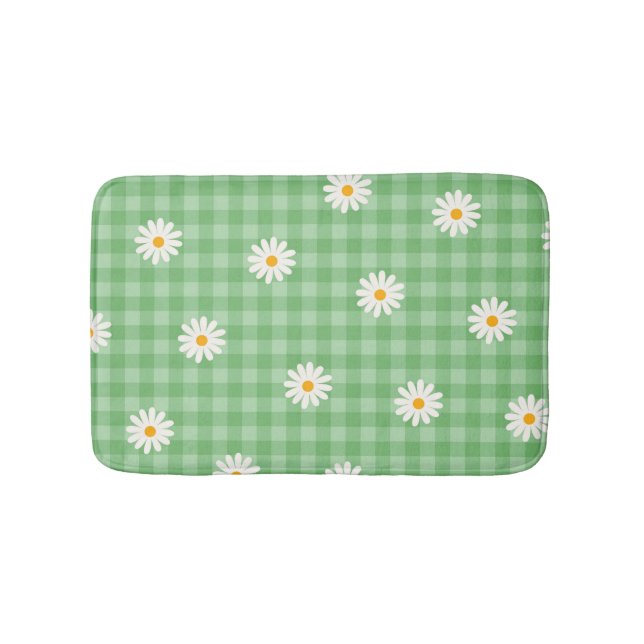 Green Daisy Plaid Gingham Check Flower Pattern Bath Mat (Front)