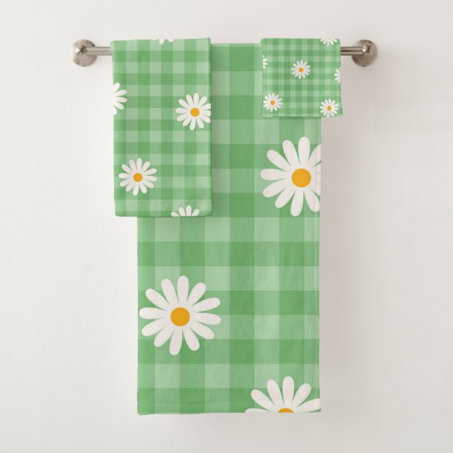 Green Daisy Plaid Gingham Check Flower Pattern Bath Towel Set (Insitu)
