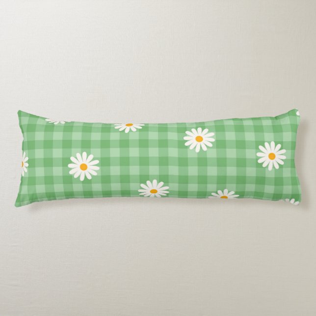 Green Daisy Plaid Gingham Check Flower Pattern Body Cushion (Front)