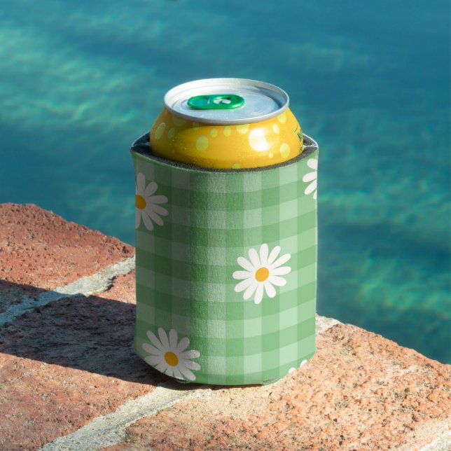 Green Daisy Plaid Gingham Check Flower Pattern Can Cooler (In Situ Pool)