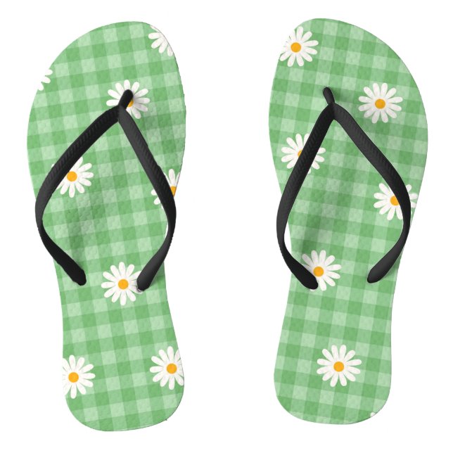 Green Daisy Plaid Gingham Check Flower Pattern Jandals (Footbed)