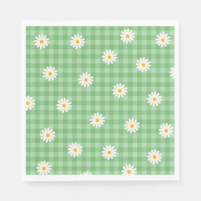 Green Daisy Plaid Gingham Check Flower Pattern Napkin (Front)