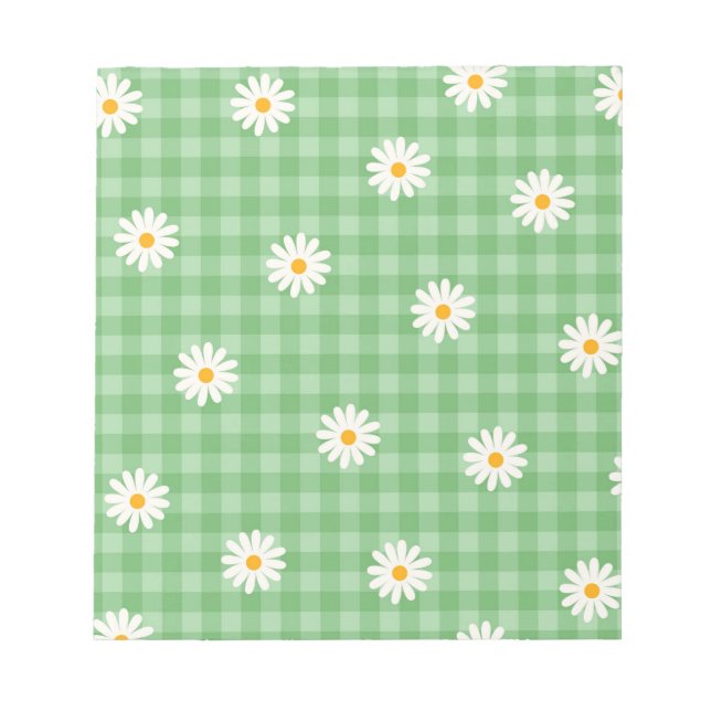 Green Daisy Plaid Gingham Check Flower Pattern Notepad (Front)