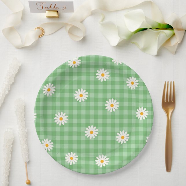 Green Daisy Plaid Gingham Check Flower Pattern Paper Plate (Wedding)