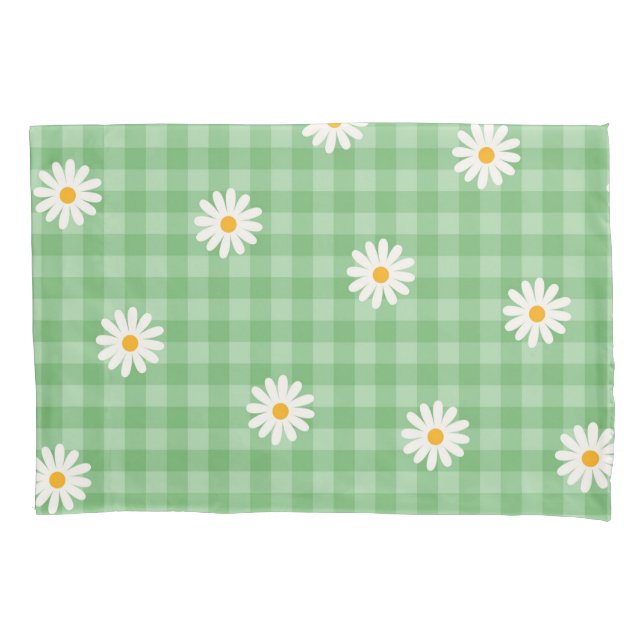 Green Daisy Plaid Gingham Check Flower Pattern Pillowcase (Front)