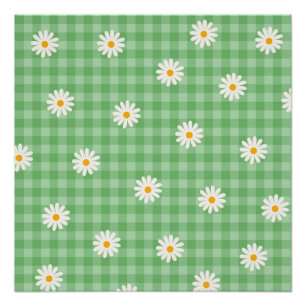 Green Daisy Plaid Gingham Check Flower Pattern Poster