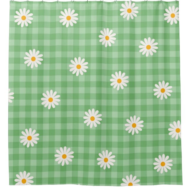 Green Daisy Plaid Gingham Check Flower Pattern Shower Curtain (Front)