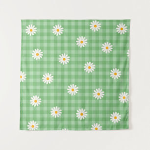 Green Daisy Plaid Gingham Check Flower Pattern Tapestry