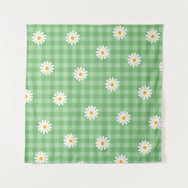 Green Daisy Plaid Gingham Check Flower Pattern Tapestry (Front)
