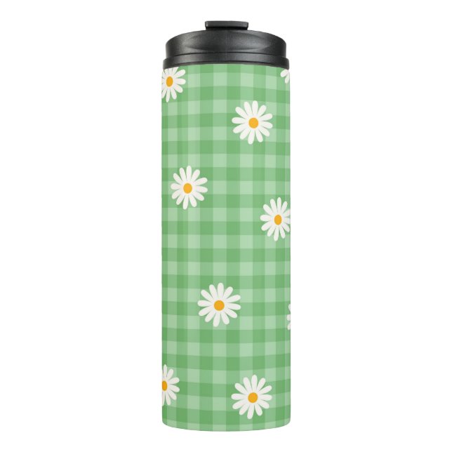 Green Daisy Plaid Gingham Check Flower Pattern Thermal Tumbler (Front)