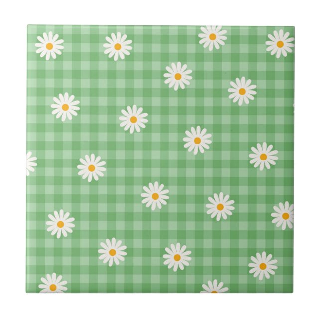 Green Daisy Plaid Gingham Check Flower Pattern Tile (Front)