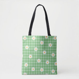 Green Daisy Plaid Gingham Check Flower Pattern Tote Bag