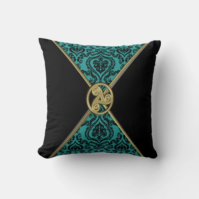 Green Damask and Black with Celtic Knot  Pillow (Front)