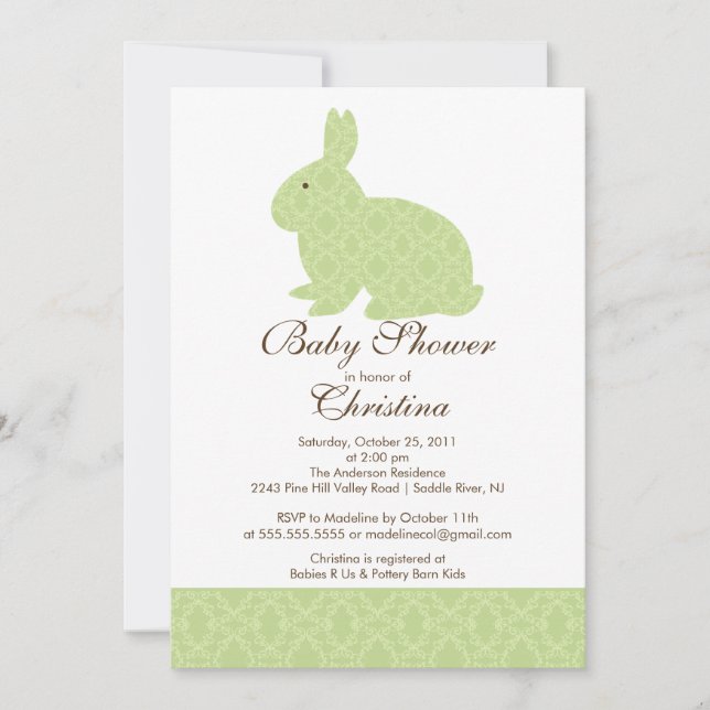 Green Damask Bunny Baby Shower Invitation Girl (Front)