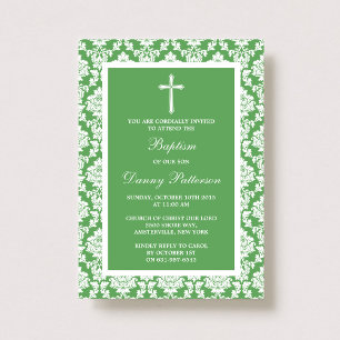 Green Damask Cross Baptism Or Christening Invitation