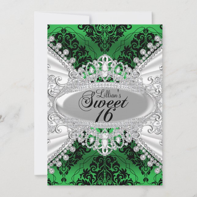 Green Damask & Diamond Tiara Sweet 16 Invite (Front)