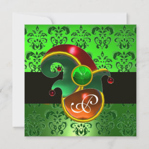GREEN DAMASK ,ELF HAT ST.PATRICK'S  PARTY MONOGRAM INVITATION
