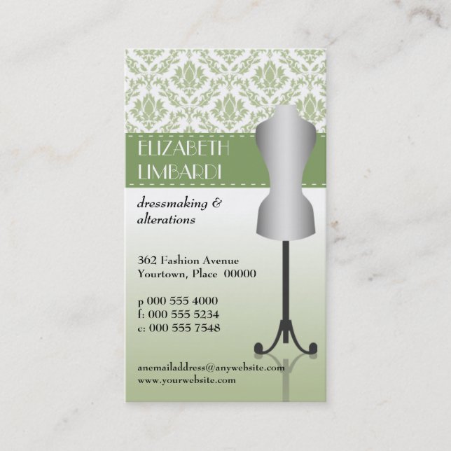 Green Damask Fashion Dress Form Business Card (Front)