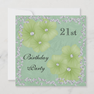 Green Damask & Flowers 21st Birthday Invitation
