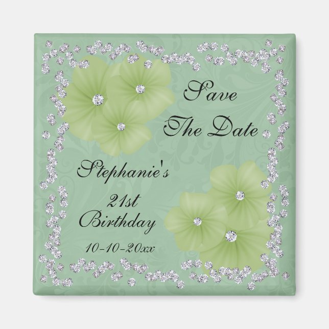 Green Damask & Flowers 21st Birthday Magnet (Front)