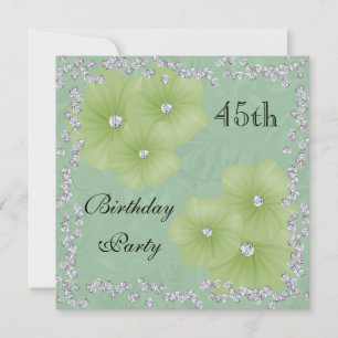 Green Damask & Flowers 45th Birthday Invitation