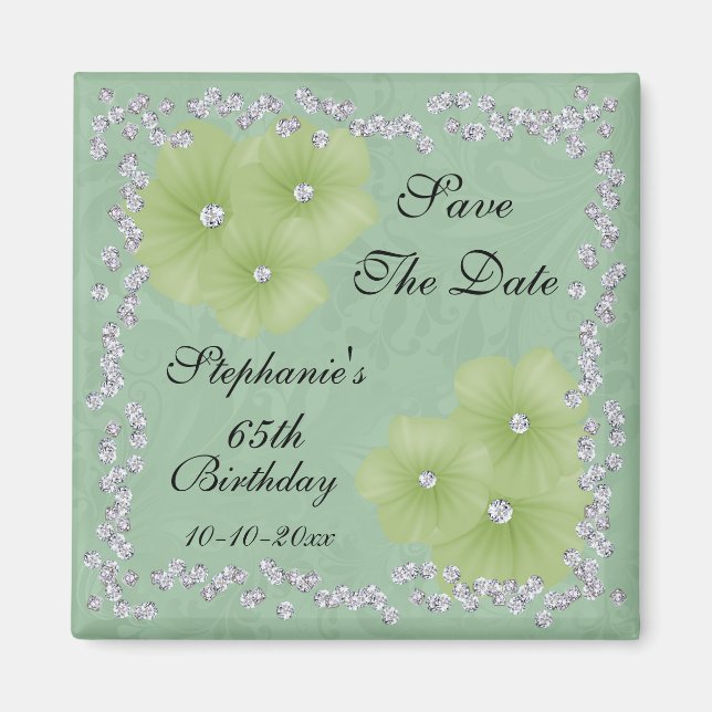 Green Damask & Flowers 65th Birthday Magnet (Front)