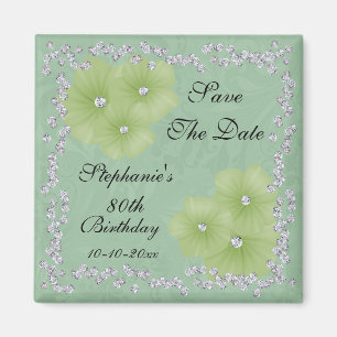 Green Damask & Flowers 80th Birthday Magnet