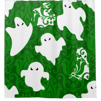 green damask ghost halloween paranormal apparition shower curtain