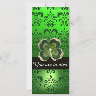 GREEN DAMASK,GOLD SHAMROCK JEWEL WITH WHITE PEARLS INVITATION