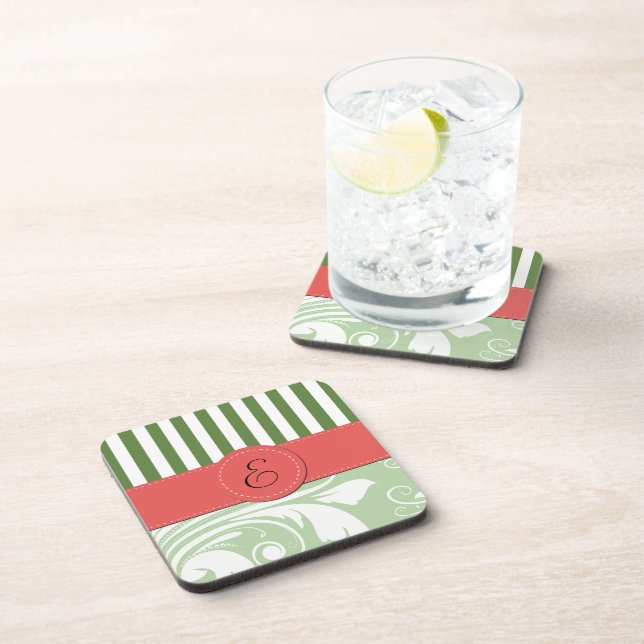 Green Damask, Green Stripes, Striped, Monogram Coaster (Right Side)