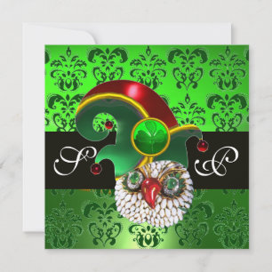 GREEN DAMASK ,JEWEL OWL WITH ELF HAT MONOGRAM INVITATION