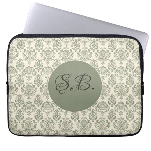 Green Damask Laptop Sleeve (Front)