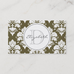 Green Damask Monogram Appointment Business Card