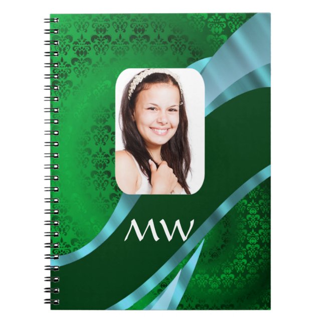 Green damask monogram photo template spiral notebook (Front)