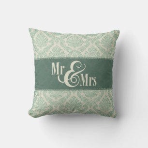 Green Damask "Mr & Mrs" pillow, personalised Cushion