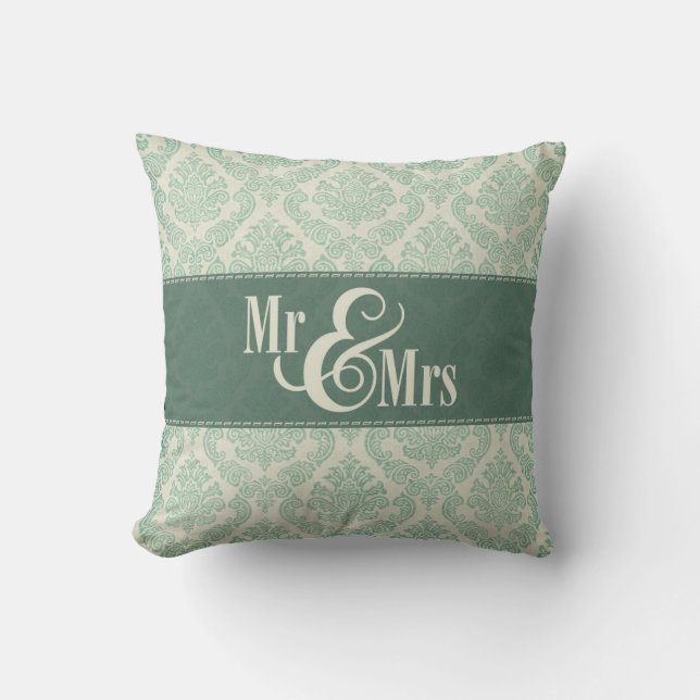 Green Damask "Mr & Mrs" pillow, personalised Cushion (Front)