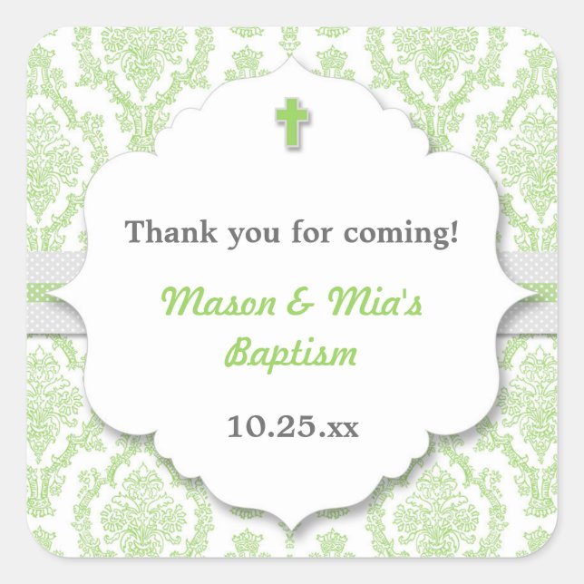 Green Damask neutral gen Christening Baptism favou Square Sticker (Front)