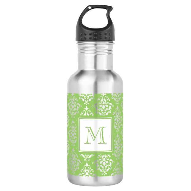 Green Damask Pattern 1 with Monogram 710 Ml Water Bottle (Front)