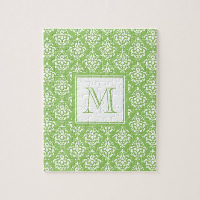 Green Damask Pattern 1 with Monogram Jigsaw Puzzle (Vertical)