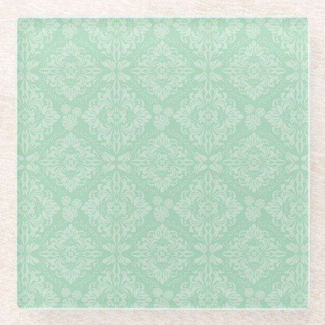 Green damask pattern glass coaster (Front)