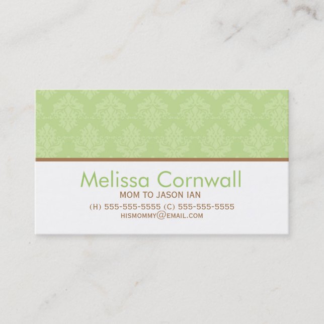Green Damask Pattern Mum Calling Cards (Front)