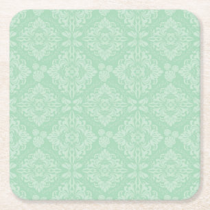 Green damask pattern square paper coaster