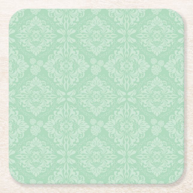 Green damask pattern square paper coaster (Front)