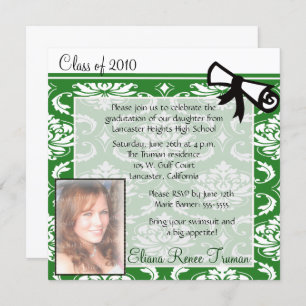 Green Damask Photo Graduation Invitation