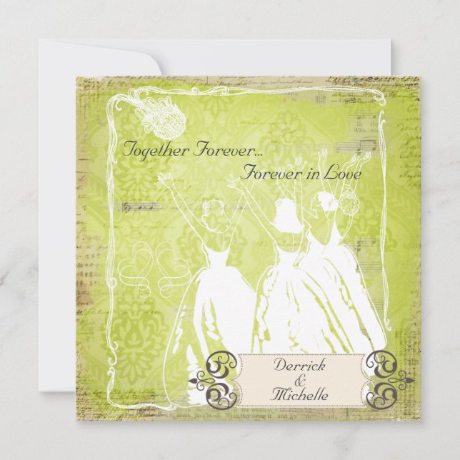 Green Damask Toss the Bouquet Wedding Invite (Front)