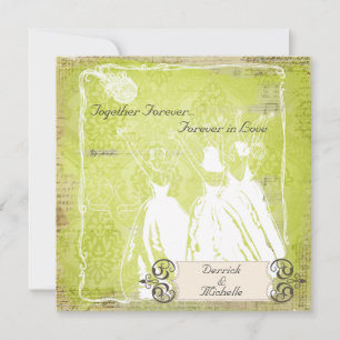 Green Damask Toss the Bouquet Wedding Invite