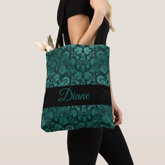 Green damask tote bag (Close Up)