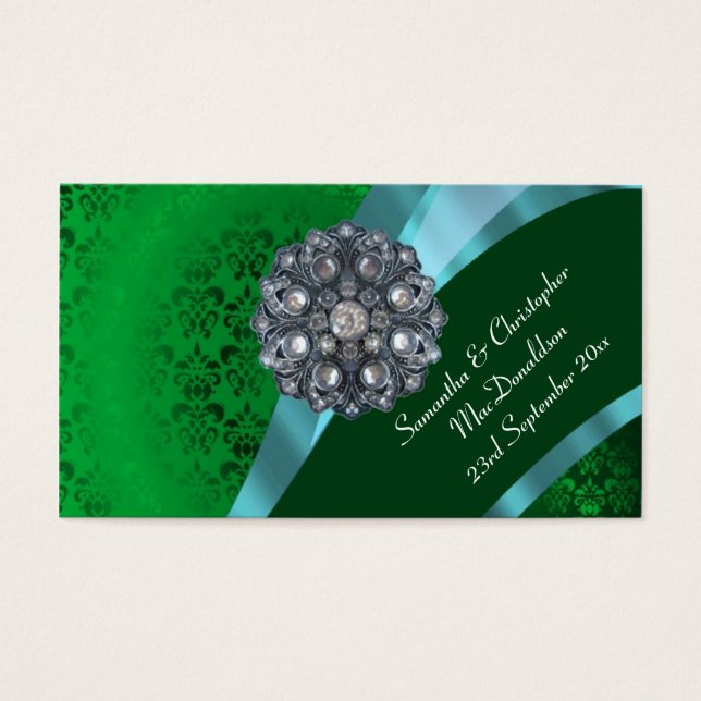 Green damask, wedding favour thank you tag (Front)