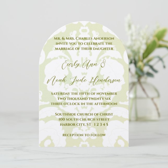 Green Damask Wedding Invitations (Standing Front)