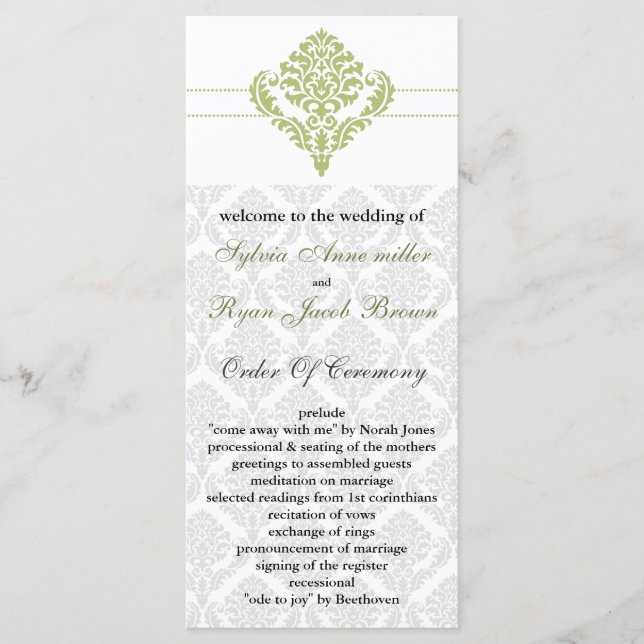 green damask Wedding program Programme (Front)